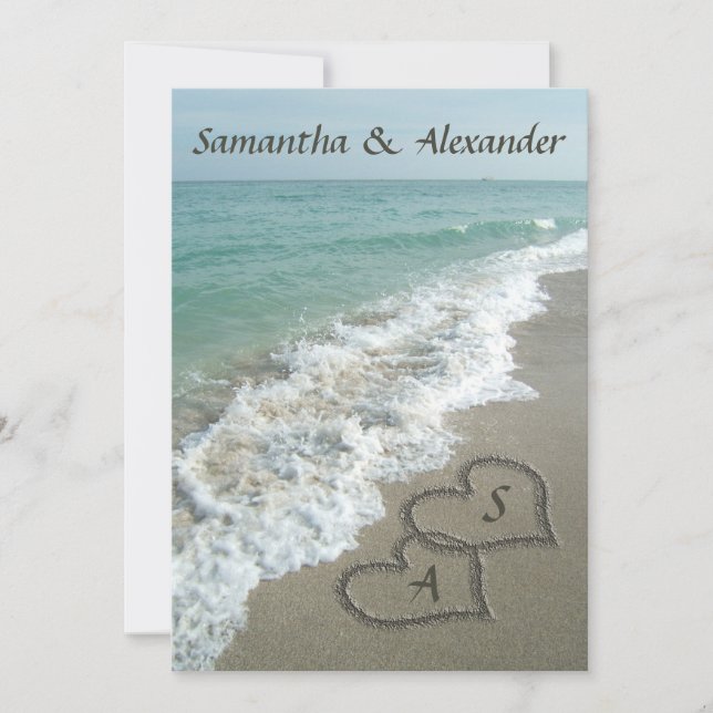 Sand Hearts Initials, Beach Destination Wedding Invitation (Front)