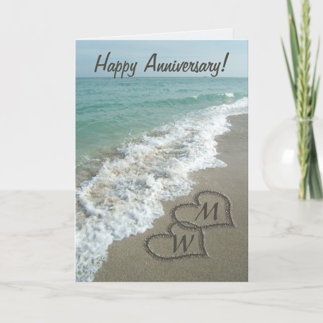 Sand Hearts on Beach Personalised Anniversary Card (Front)