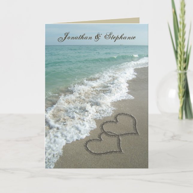 Sand Hearts on Beach w/Photo Save the Date Announcement (Front)
