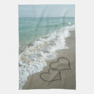 Sand Hearts on the Beach Tea Towel