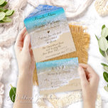 Sand Hearts Tropical Ocean Beach Wedding All In One Invitation<br><div class="desc">Drift into matrimonial bliss with our Custom Sand Hearts Tropical Ocean Beach Wedding All in One Invitations. Featuring a romantically intertwined hearts-in-the-sand design, evocative of a beach at sunshine amid a gentle ocean wave, these invitations transport you to an idyllic tropical summer setting. Our invitations are enveloped in a blush...</div>