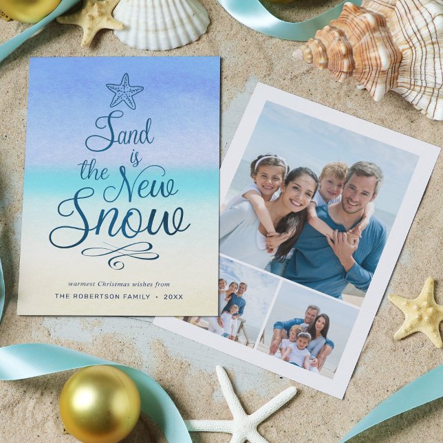 Sand is the New Snow Coastal Christmas 3 Photo Holiday Card (Creator Uploaded)