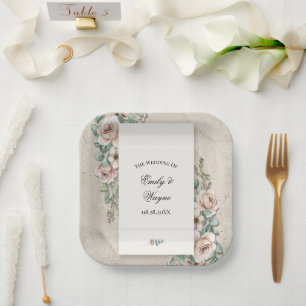 Sand Off-white Sage Green Floral Wedding Paper Plate