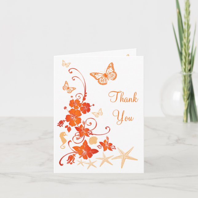 Sand, Orange, White Tropical Beach Thank You Card (Front)