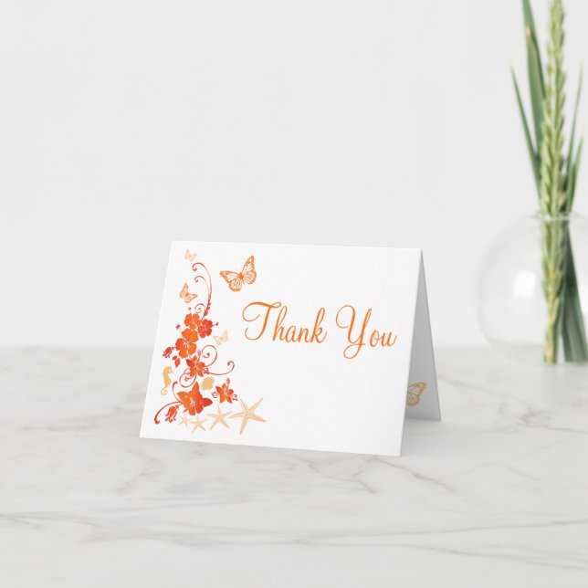 Sand, Orange, White Tropical Beach Thank You Card (Front)