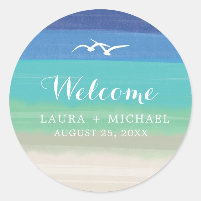 Sand, Sea and Seagulls Beach Wedding  Classic Round Sticker (Front)