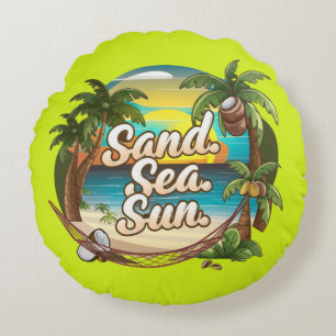 "Sand, Sea & Sun" Coconuts Palm Beach Summer Round Cushion