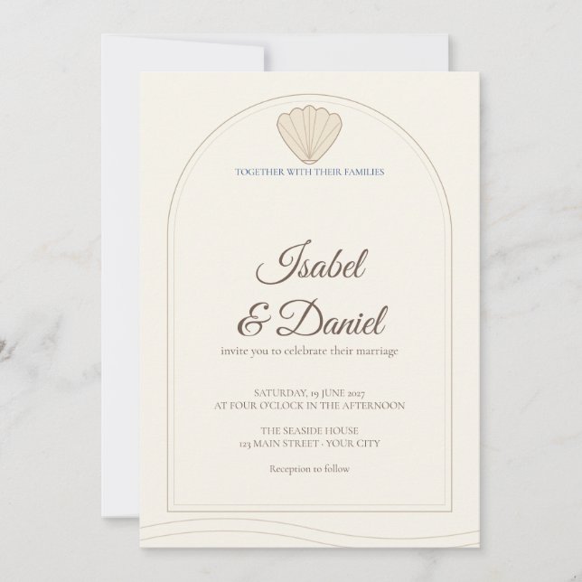 Sand Seashell Coastal Script Wedding Invitation (Front)