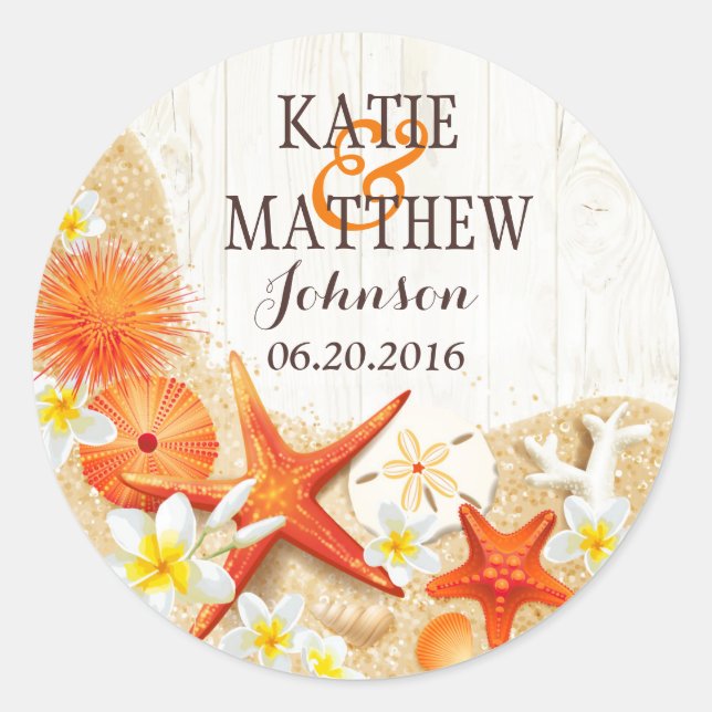 Sand Seashells Floral Rustic Beach Wedding Label (Front)