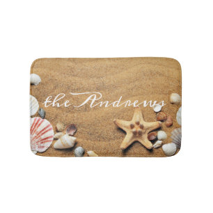 Sand Seashells Ocean Calligraphy Name Bath Mat