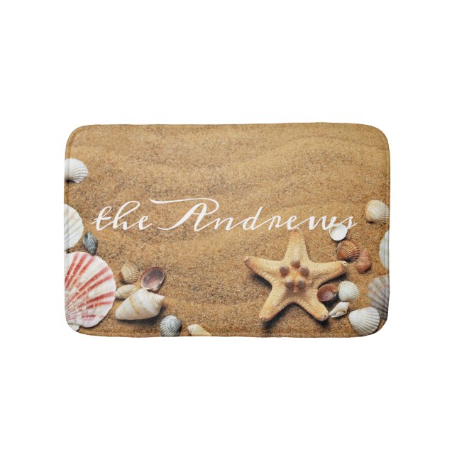 Sand Seashells Ocean Calligraphy Name Bath Mat (Front)