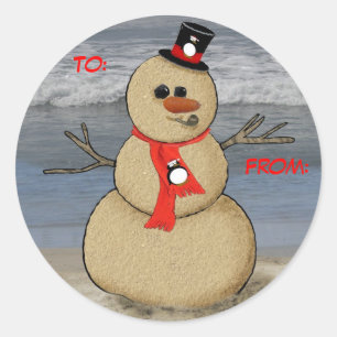 Sand Snowman gift label, To:, From: Classic Round Sticker