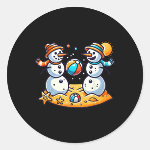 Sand Snowman Playing Beach Ball Xmas In July Summe Classic Round Sticker