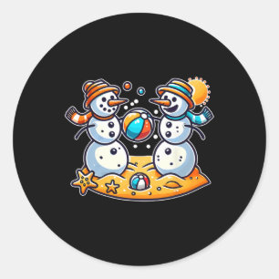 Sand Snowman Playing Beach Ball Xmas In July Summe Classic Round Sticker