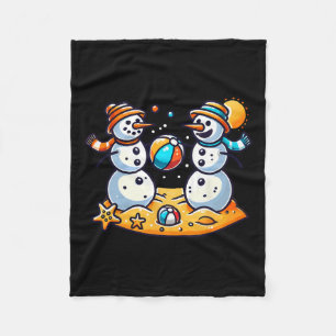 Sand Snowman Playing Beach Ball Xmas In July Summe Fleece Blanket