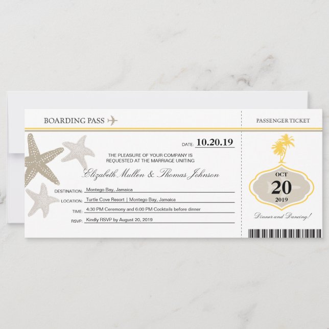 Sand Starfish Buttercream Palm Tree Boarding Pass Invitation (Front)