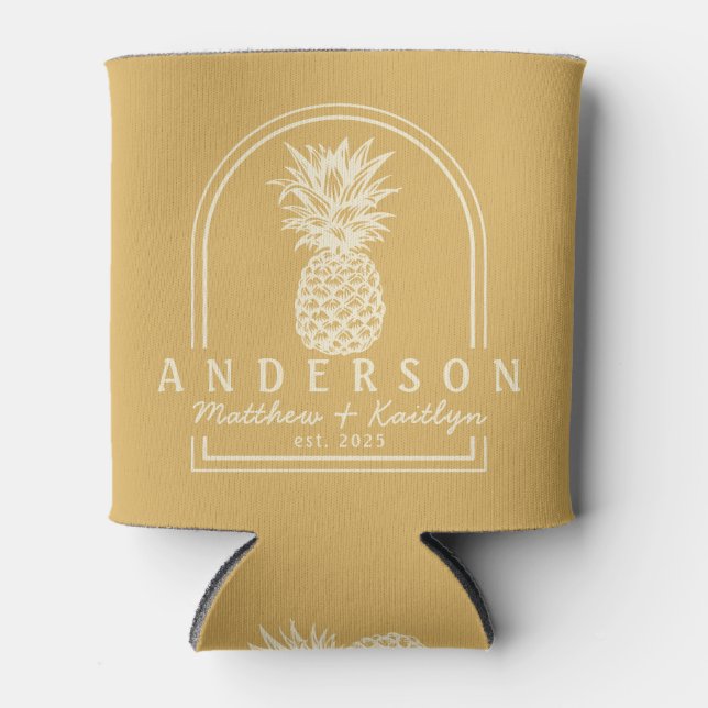 Sand Sunrise Pineapple Wedding Arch & Name Can Cooler (Front)