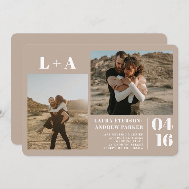 Sand tan minimalist initials 2 photos wedding invitation (Front/Back)