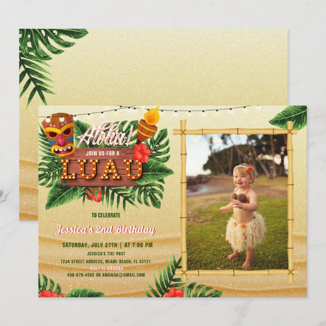 Sand Tropical Luau Birthday Invitation With Photo (Front/Back)