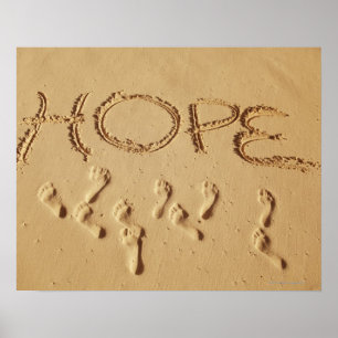Sand writing ' Hope' on the beach with the Poster