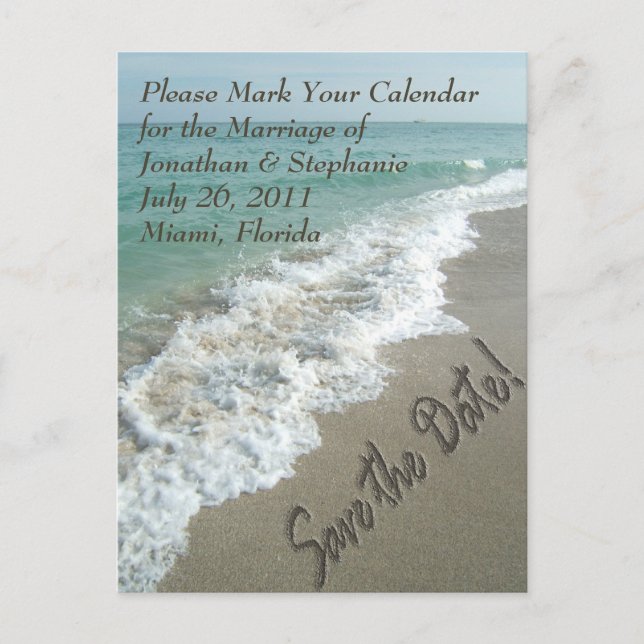 Sand Writing on the Beach Save the Date Postcard (Front)