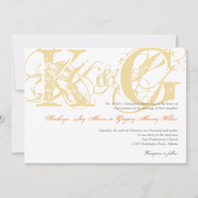Sand yellow antique grunge monogram wedding invite (Front)
