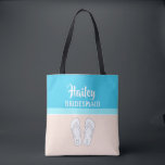 Sandals on Beach Monogrammed Bridesmaid Wedding Tote Bag<br><div class="desc">Bridesmaids will love a personalised beach bag as a keepsake gift for a seaside wedding. All text is simple to customise. Pastel coral and light turquoise blue design features bright white typography, name, initials, bridal party title, and monogrammed flip flops on an abstract modern minimalist beach. The handwritten style script...</div>