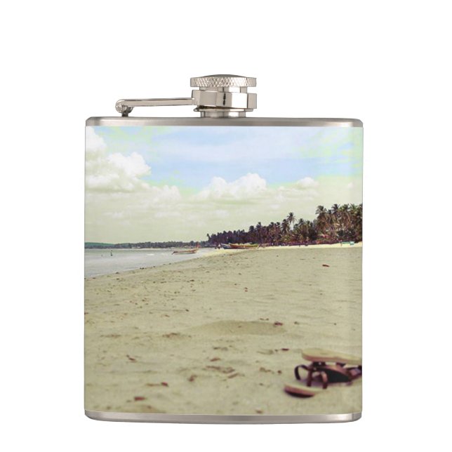 Sandals on Tropical Beach Hip Flask (Front)