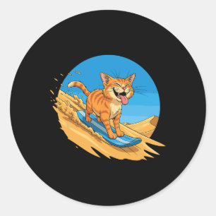 Sandboarding Cat Summer Surfing Cute Feline Beachw Classic Round Sticker