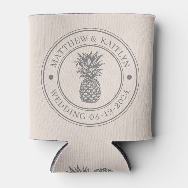 Sandcastle Pink Pineapple Wedding Crest & Names Can Cooler (Front)