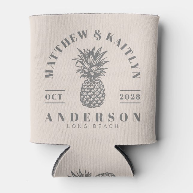 Sandcastle Pink Tropical Pineapple Wedding Crest Can Cooler (Front)