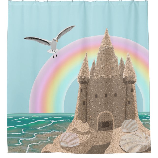 Sandcastle Seagull (rainbow) shower curtain (Front)
