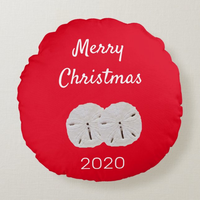 Sanddollar Pattern Red White Beach Merry Christmas Round Cushion (Front)