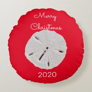 Sanddollar Pattern Red White Merry Christmas Gift Round Cushion
