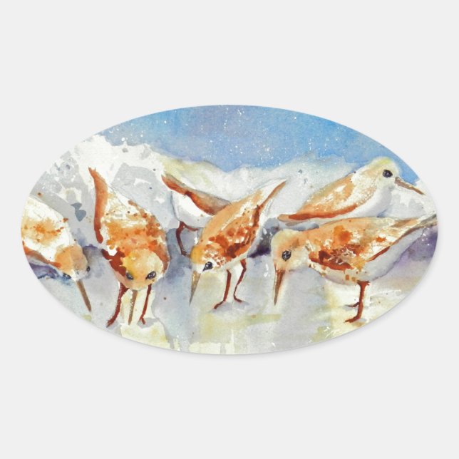 Sanderlings Tiny Watercolor Beach Birds Sandpipers Oval Sticker (Front)