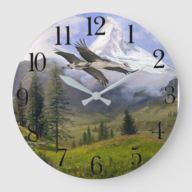 Sandhill Crane Birds Swiss Alps Matterhorn Meadows Large Clock (Front)