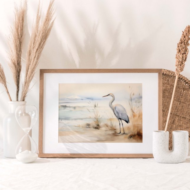 Sandhill Crane Watercolor Print (A lone crane standing gracefully at the seashore, framed by swaying seagrass in gentle, muted colors)