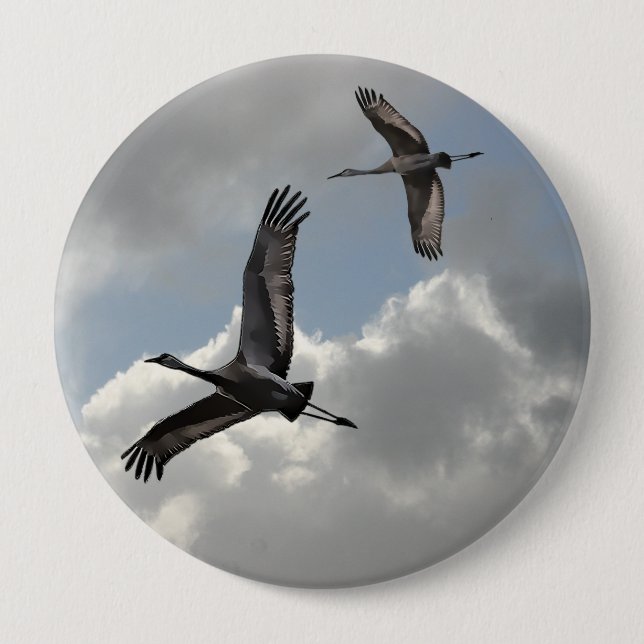 SANDHILL CRANES 10 CM ROUND BADGE (Front)