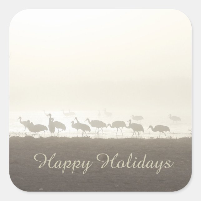 Sandhill Cranes in the Mist Happy Holidays Square Sticker (Front)