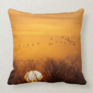Sandhill cranes silhouetted aginst rising sun cushion