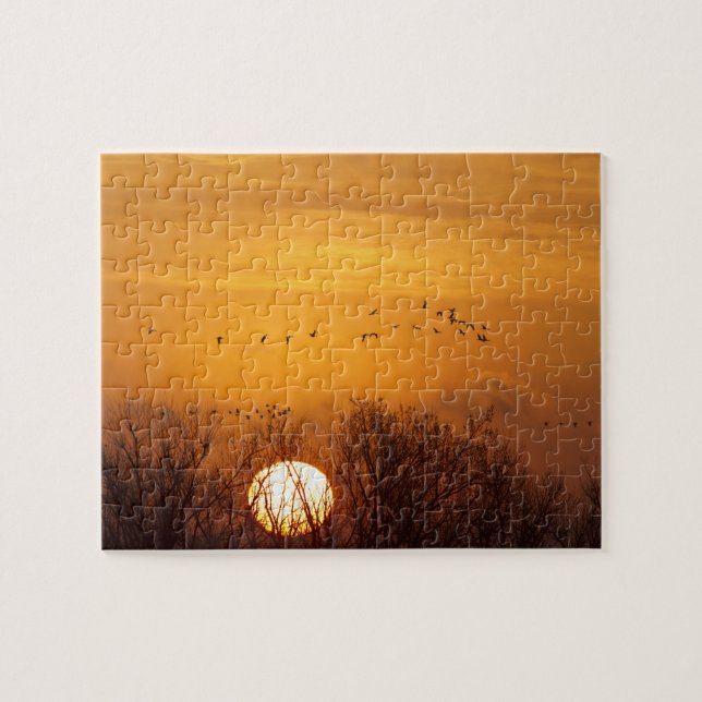 Sandhill cranes silhouetted aginst rising sun jigsaw puzzle (Horizontal)