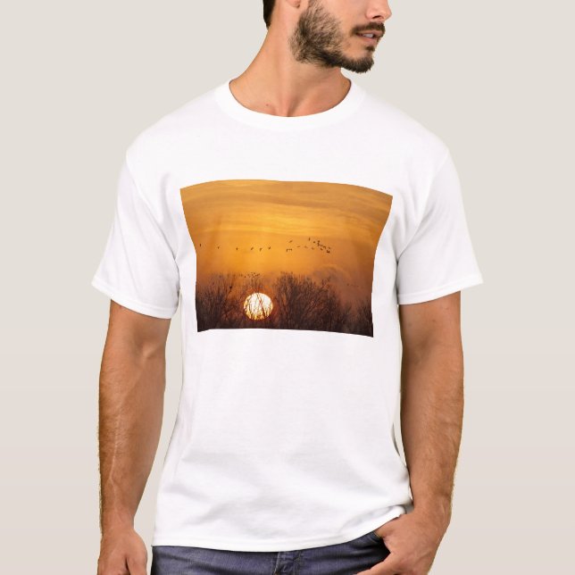 Sandhill cranes silhouetted aginst rising sun T-Shirt (Front)