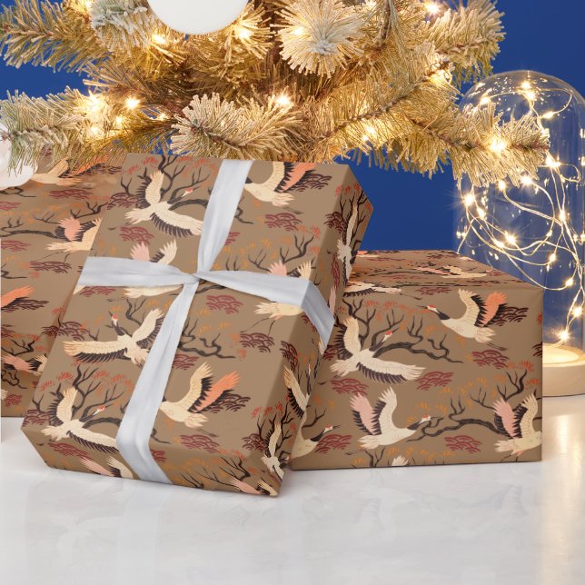 Sandhill Cranes Trees Pattern Brown Gift  Wrapping Paper (Holidays)