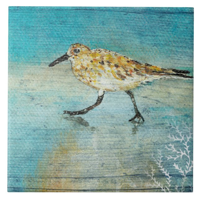 Sandpiper Beach Shorebird Weathered Artwork Ceramic Tile (Front)