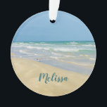 Sandpiper on the Seashore | Beautiful Beach Custom Ornament<br><div class="desc">Beautiful beach ornament with gorgeous seaside photography featuring a pretty sandpiper standing at the edge of the ocean waves on a sunny summer day. Lovely blue green water waves roll onto the sandy shore where your name is personalised in cute teal typography. A beautiful Christmas gift for a daughter, mum,...</div>