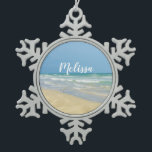 Sandpiper on the Seashore | Beautiful Beach Custom Snowflake Pewter Christmas Ornament<br><div class="desc">Pretty beach ornament with gorgeous seaside photography featuring a pretty sandpiper standing at the edge of the ocean waves on a sunny summer day. Lovely blue green water waves roll onto the sandy shore where your name is personalised in cute teal typography. A beautiful custom Christmas gift for a daughter,...</div>
