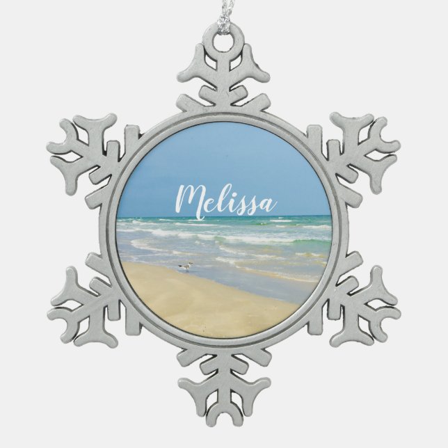 Sandpiper on the Seashore | Beautiful Beach Custom Snowflake Pewter Christmas Ornament (Front)