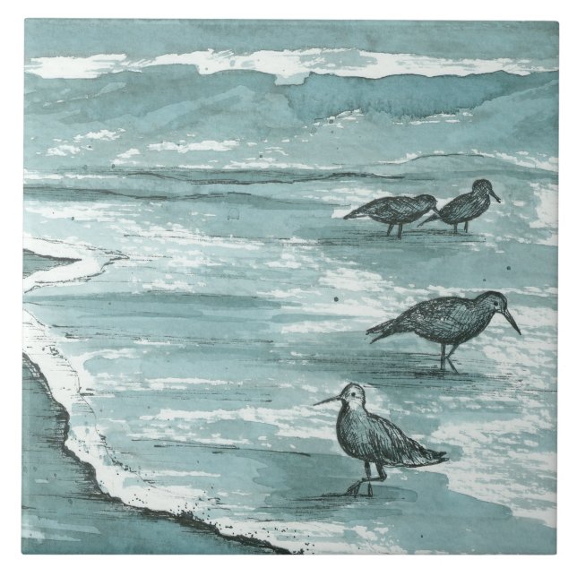 Sandpiper Shore Birds Ocean Waves Grey Ceramic Tile (Front)