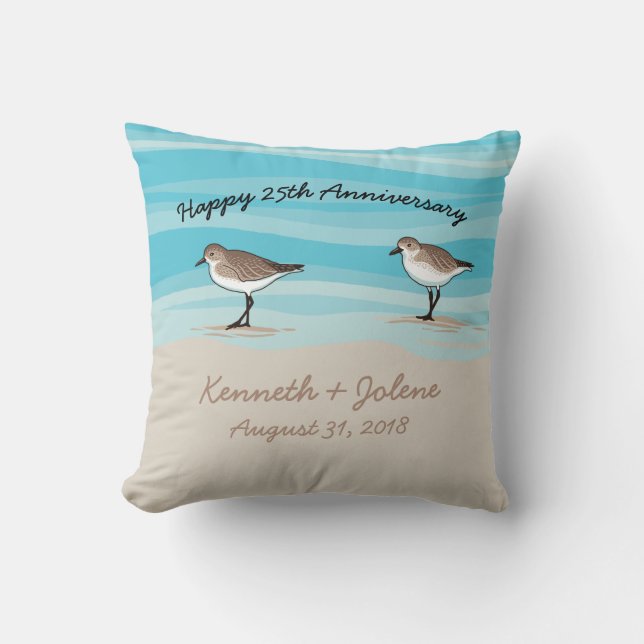 Sandpipers on Beach, Anniversary Names in Sand Cushion (Front)