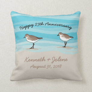 Sandpipers on Beach, Anniversary Names in Sand Cushion